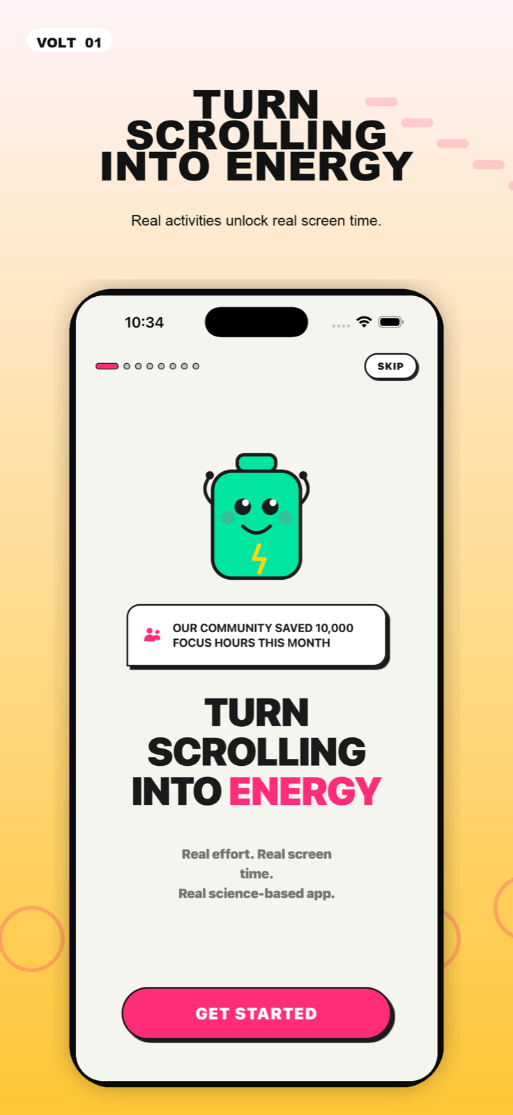 Volt onboarding screen with the message Turn scrolling into energy