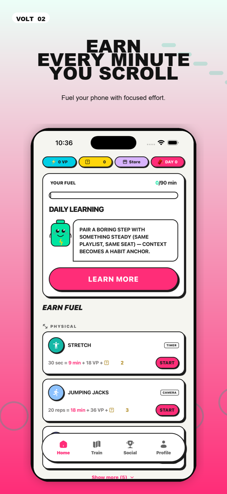 Volt home screen showing activities that earn screen-time fuel